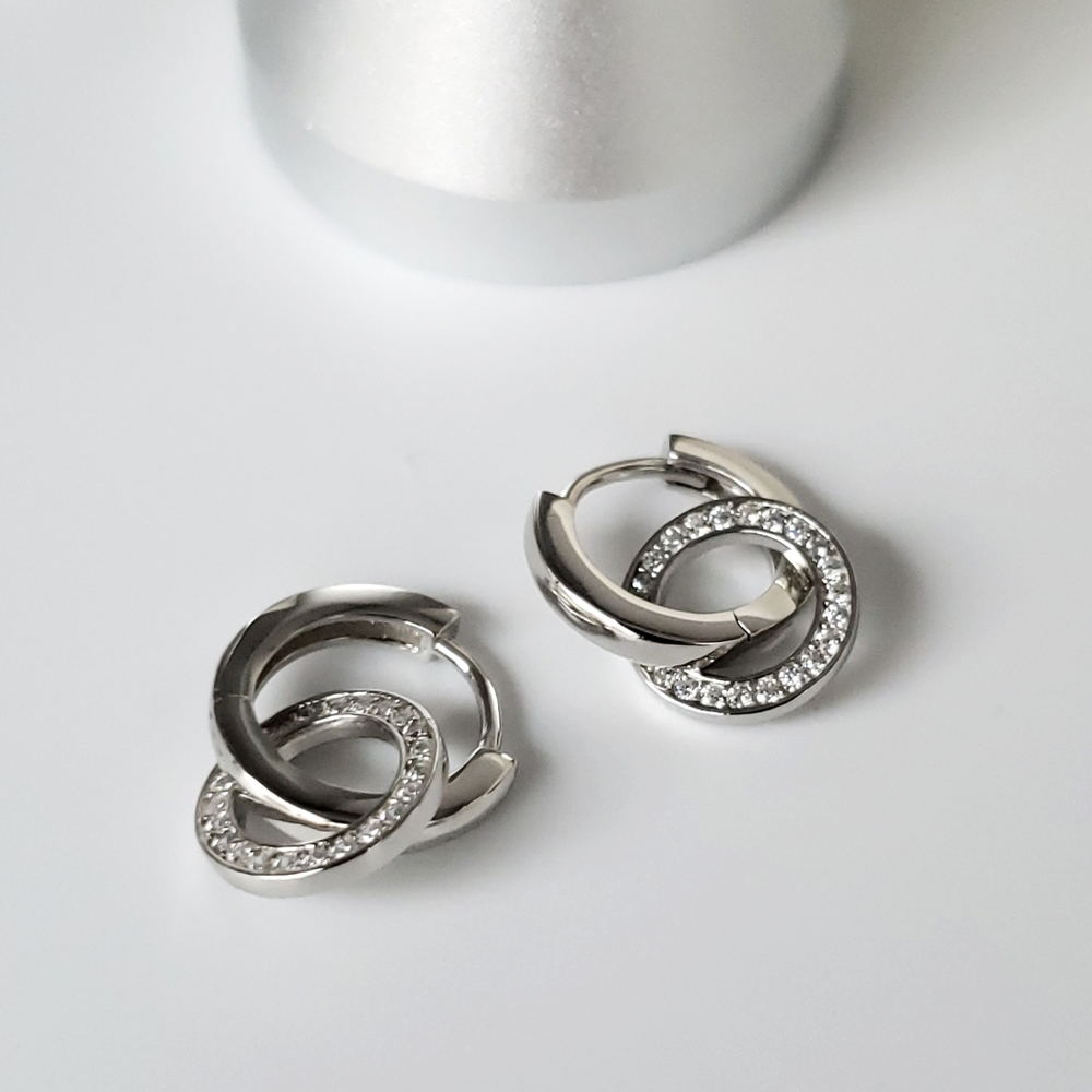 NEW 925 Sterling Silver Dangle Pave Diamond Hoop Huggie Earrings - Picture 1 of 6